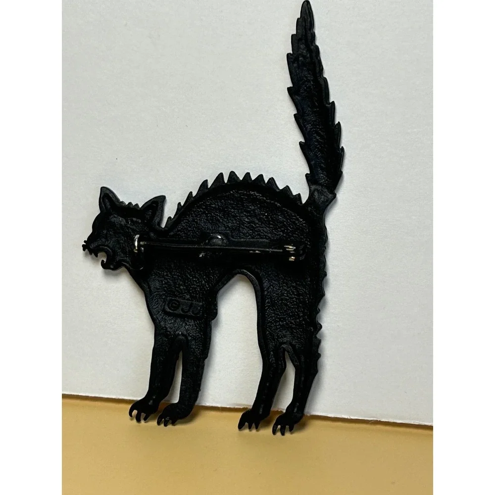 Vintage Black Cat Brooch Red Rhinestone Eyes Halloween Pin JJ Jonette Jewelry